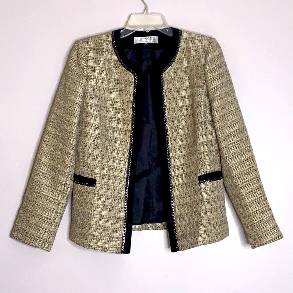 Tahari Arthur S Levine woven Chain Detail blazer black tan professional size 6